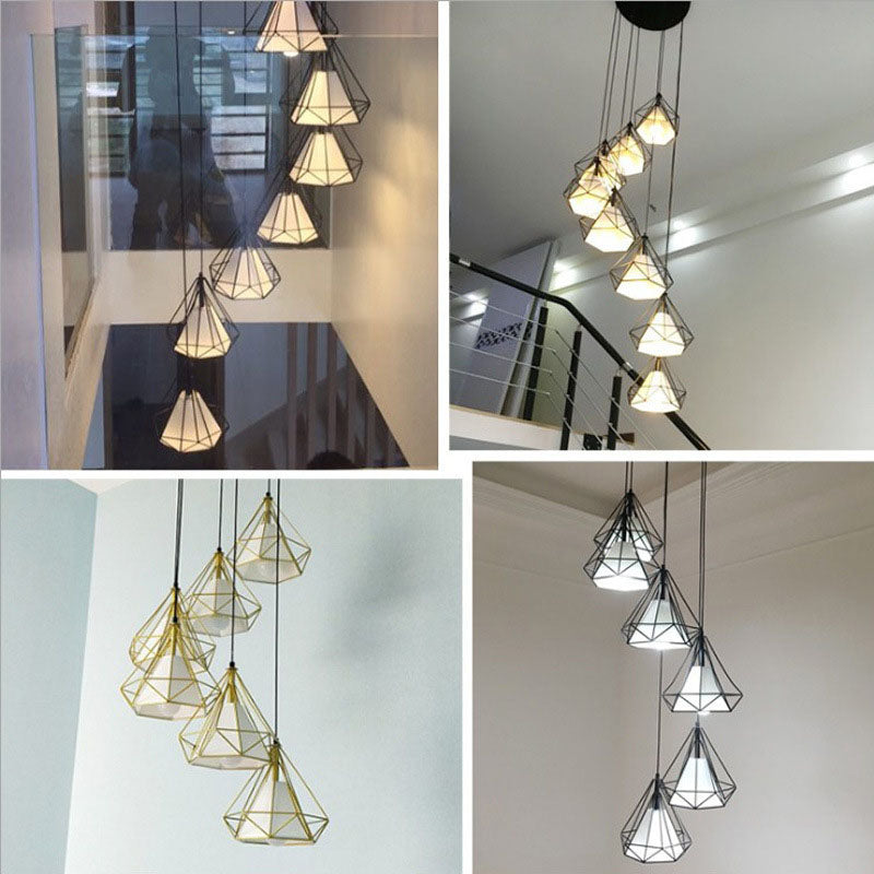 Minimalist Black Spiral Diamond Cage Pendant Light with 6 Metallic Suspension Bulbs for Stairwell