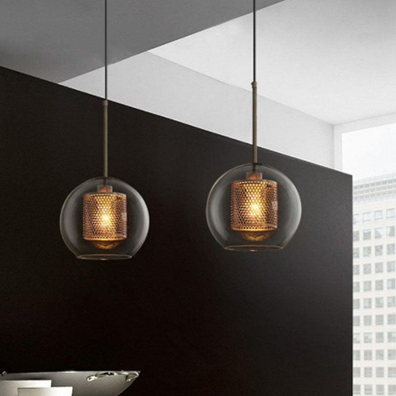 Modern Clear Glass Sphere Pendant Light With Mesh Screen