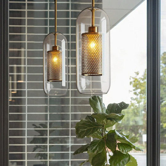 Modern Glass Pendant Lamp with Geometric Design and Mesh Guard