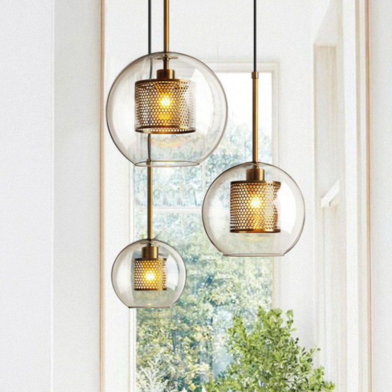 Modern Glass Pendant Lamp with Geometric Design and Mesh Guard
