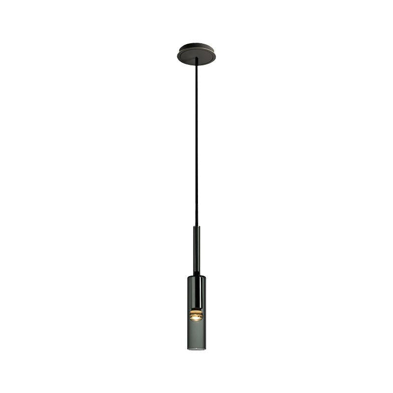 Minimalist Smoke Grey Glass Tube Hanging Light - 1-Light Black Suspension For Bedroom