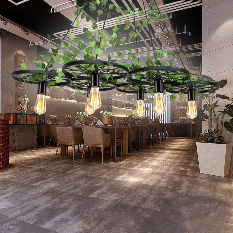 Rustic Metal Wagon Wheel Ceiling Light with Green Ivy Decor - Ideal for Restaurants