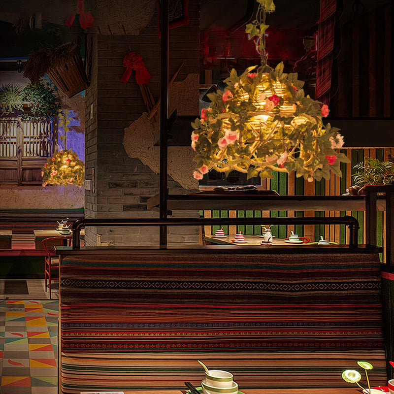 Suspension en corde de chanvre festonnée antique avec rose décorative verte - Idéal pour les restaurants - Luminaire suspendu à 1 lumière