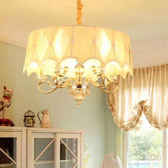 White Fabric Shaded 5-Light Round Chandelier featuring Crystal Stands - Traditional Ceiling Light