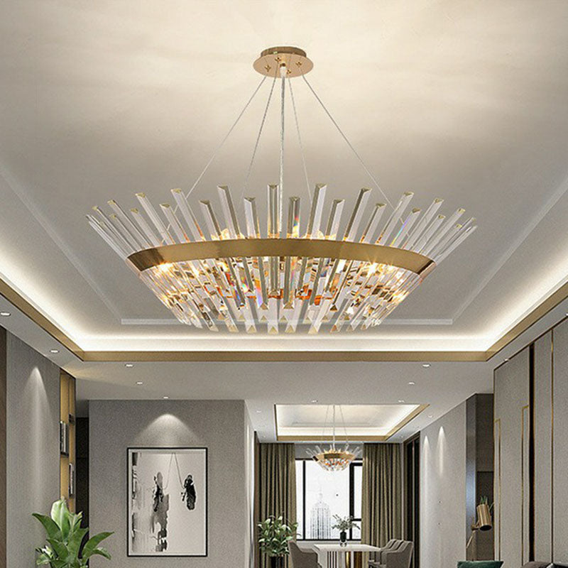 Minimalist Gold Tapered Chandelier With Crystal Prism - Living Room Pendant Light