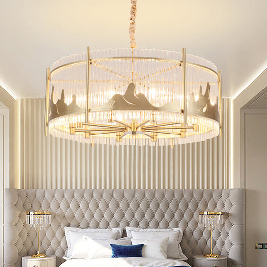Traditional Round Chandelier: Prismatic Glass, 10-Light Gold Ceiling Pendant with Mountain Pattern