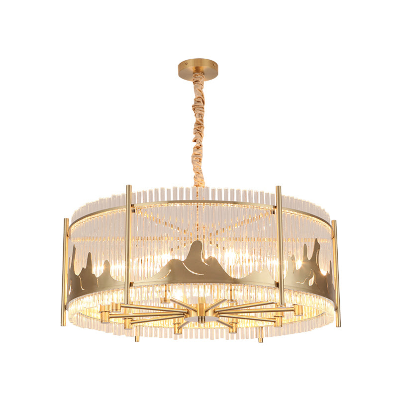 Traditional Round Chandelier: Prismatic Glass, 10-Light Gold Ceiling Pendant with Mountain Pattern