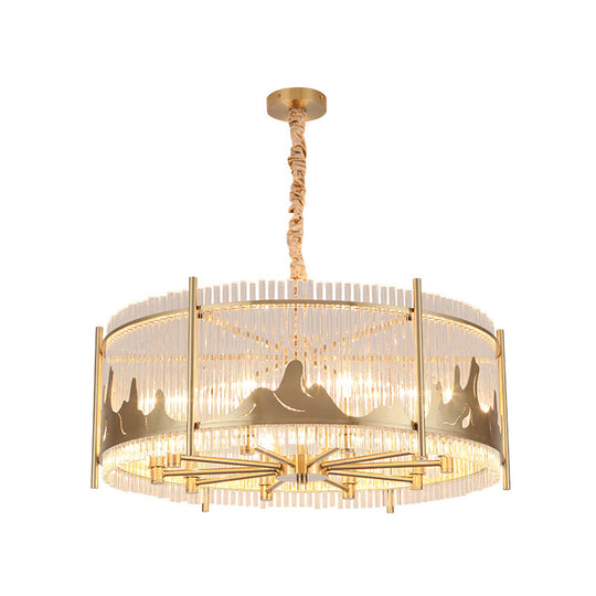 Traditional Prismatic Glass 10-Light Gold Round Chandelier Lamp With Mountain Pattern - Ceiling