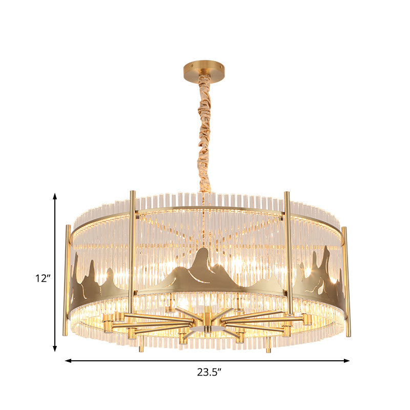 Traditional Round Chandelier: Prismatic Glass, 10-Light Gold Ceiling Pendant with Mountain Pattern