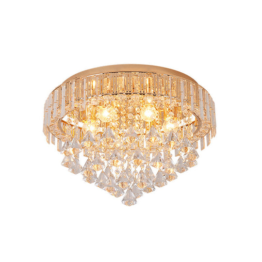 Contemporary Crystal Teardrops Flush Lamp - 5 Light Golden Ceiling Fixture For Living Room