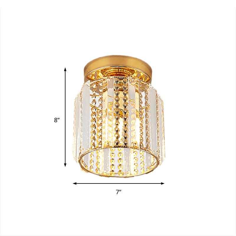 Cylindrical Crystal Mini Flush Lamp - Elegant 1-Light Golden Corridor Ceiling Mounted Light, 7" Wide