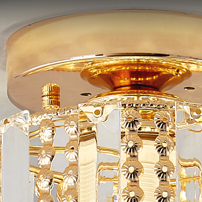 Cylindrical Crystal Mini Flush Lamp - Elegant 1-Light Golden Corridor Ceiling Mounted Light, 7" Wide