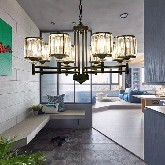 Retro Cylindrical Chandelier Pendant Light - Black Finish, Crystal Accent, Adjustable Chain - 3/6/8 Lights