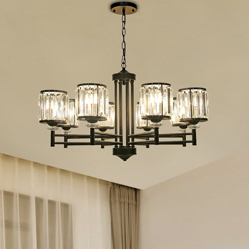 Retro Cylindrical Chandelier Pendant Light - Black Finish, Crystal Accent, Adjustable Chain - 3/6/8 Lights
