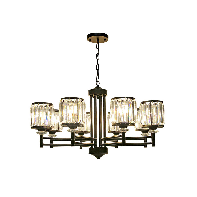 Retro Cylindrical Chandelier Pendant Light - Black Finish, Crystal Accent, Adjustable Chain - 3/6/8 Lights