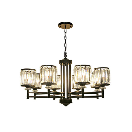 Retro Cylindrical Chandelier Pendant Light - Black Finish, Crystal Accent, Adjustable Chain - 3/6/8 Lights