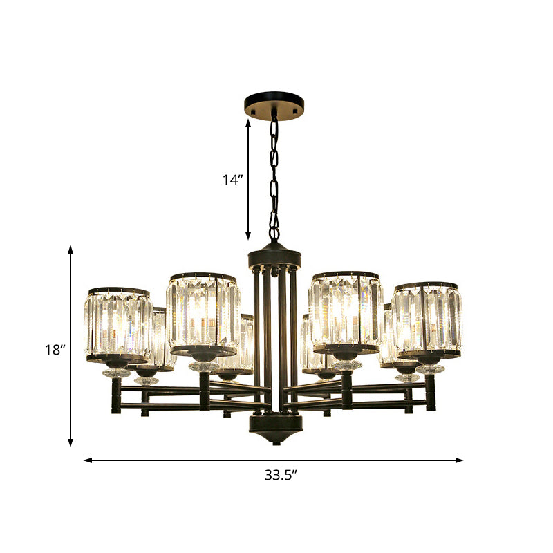 Retro Cylindrical Chandelier Pendant Light - Black Finish, Crystal Accent, Adjustable Chain - 3/6/8 Lights