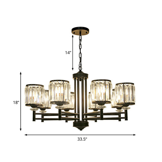 Retro Cylindrical Chandelier Pendant Light - Black Finish, Crystal Accent, Adjustable Chain - 3/6/8 Lights