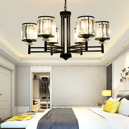 Retro Cylindrical Chandelier Pendant Light - Black Finish, Crystal Accent, Adjustable Chain - 3/6/8 Lights