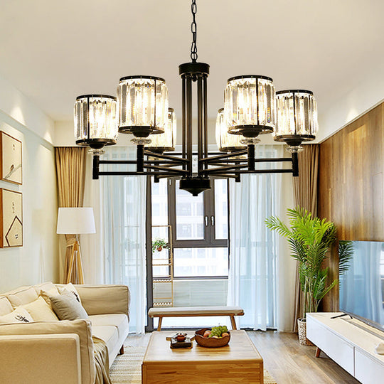 Retro Cylindrical Chandelier Pendant Light - Black Finish, Crystal Accent, Adjustable Chain - 3/6/8 Lights