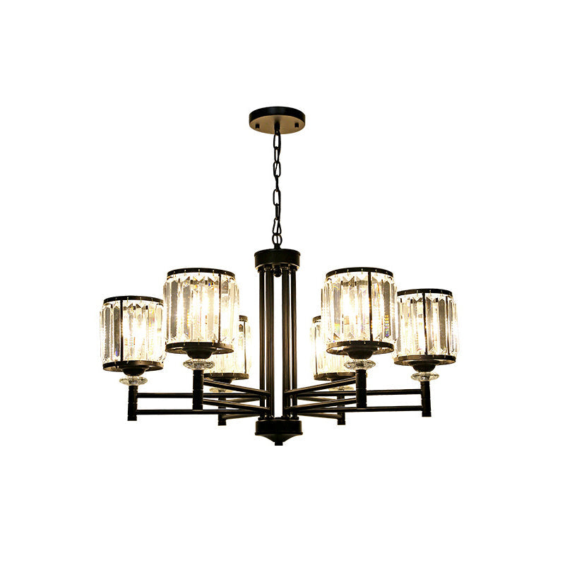 Retro Cylindrical Chandelier Pendant Light - Black Finish, Crystal Accent, Adjustable Chain - 3/6/8 Lights