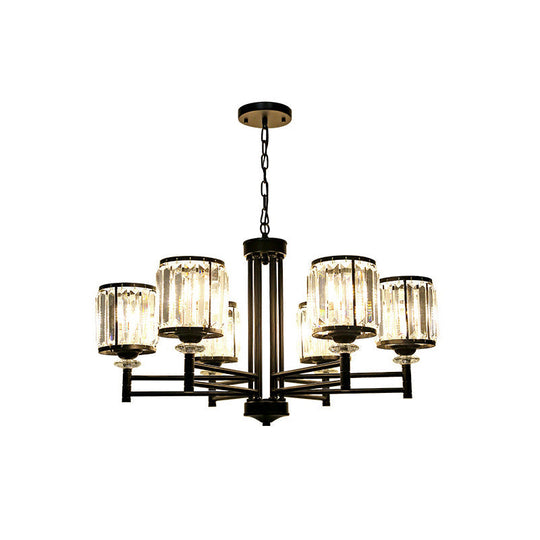 Retro Cylindrical Chandelier Pendant Light - Black Finish, Crystal Accent, Adjustable Chain - 3/6/8 Lights