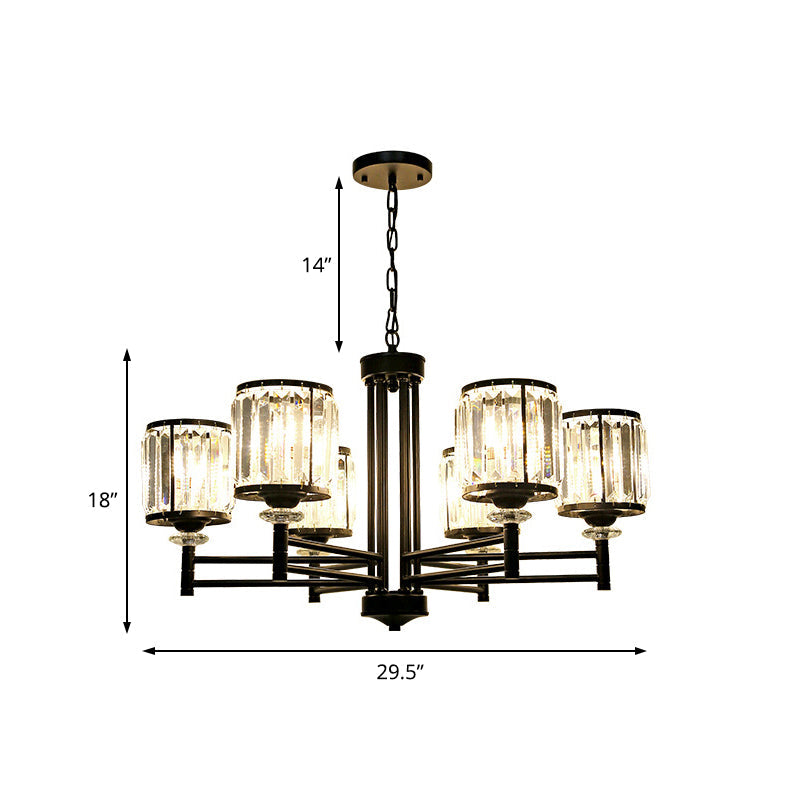 Retro Cylindrical Chandelier Pendant Light - Black Finish, Crystal Accent, Adjustable Chain - 3/6/8 Lights