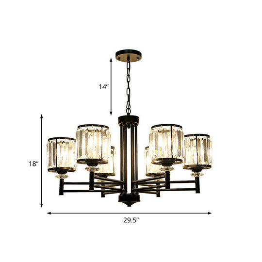 Retro Cylindrical Chandelier Pendant Light - Black Finish, Crystal Accent, Adjustable Chain - 3/6/8 Lights