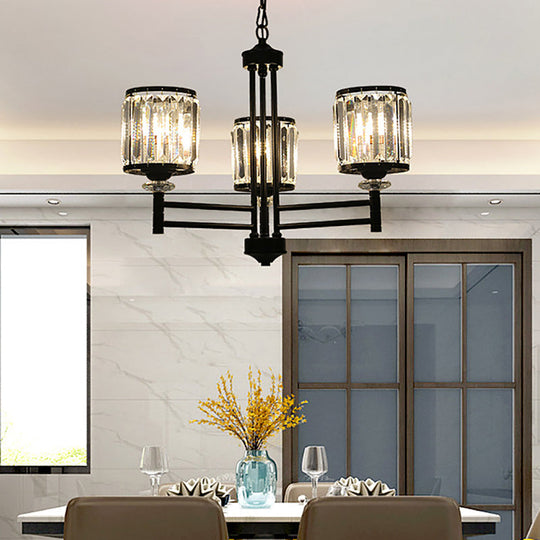 Retro Cylindrical Chandelier Pendant Light - Black Finish, Crystal Accent, Adjustable Chain - 3/6/8 Lights