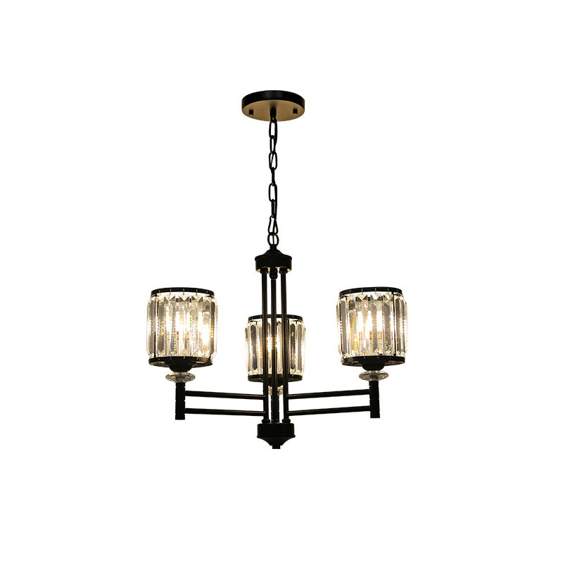 Retro Cylindrical Chandelier Pendant Light - Black Finish, Crystal Accent, Adjustable Chain - 3/6/8 Lights