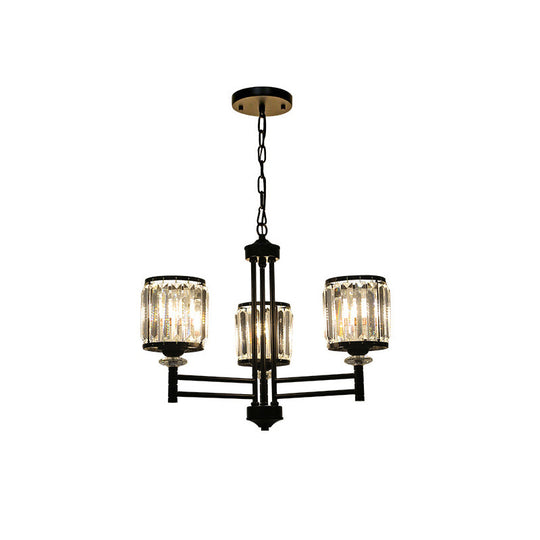 Retro Cylindrical Chandelier Pendant Light - Black Finish, Crystal Accent, Adjustable Chain - 3/6/8 Lights
