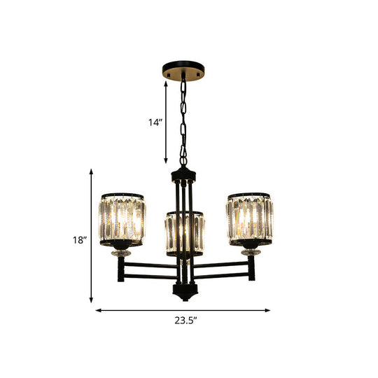 Retro Cylindrical Chandelier Pendant Light - Black Finish, Crystal Accent, Adjustable Chain - 3/6/8 Lights