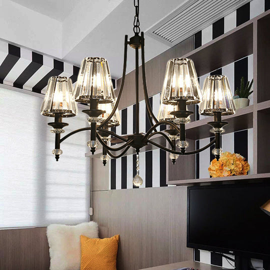 Contemporary Crystal Chandelier Pendant Light Kit - Tapered Design, Adjustable Chain - 4/6/8 Lights, Black Shade