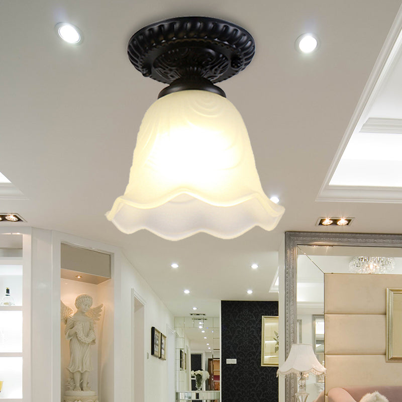 Flared Classical White Glass Flush Mount Lamp with Black Ceiling Lighting - 1 Light
