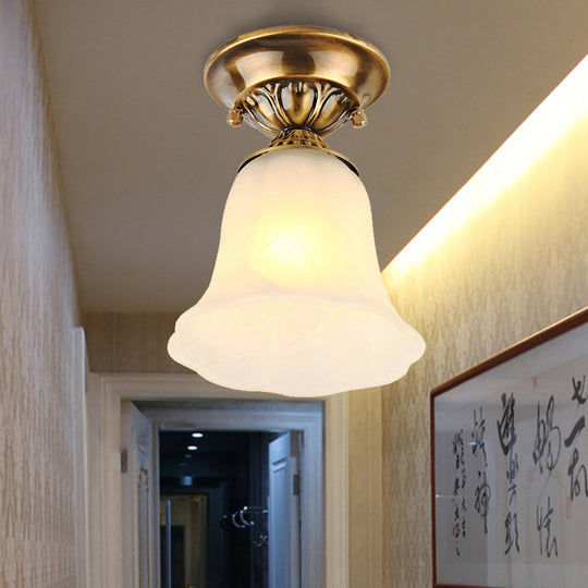 White Glass Ceiling Light Fixture with Classic Brass Bell - 1 Light Flush Mount for Living Room