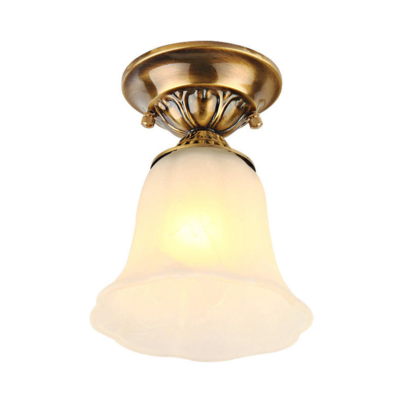 White Glass Ceiling Light Fixture with Classic Brass Bell - 1 Light Flush Mount for Living Room