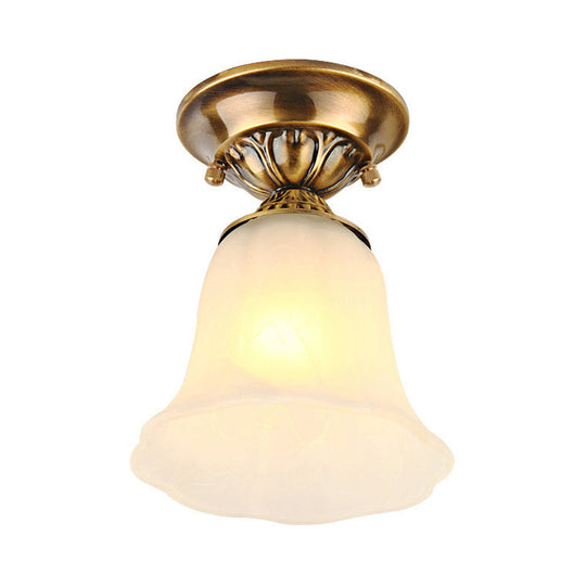 White Glass Ceiling Light Fixture with Classic Brass Bell - 1 Light Flush Mount for Living Room