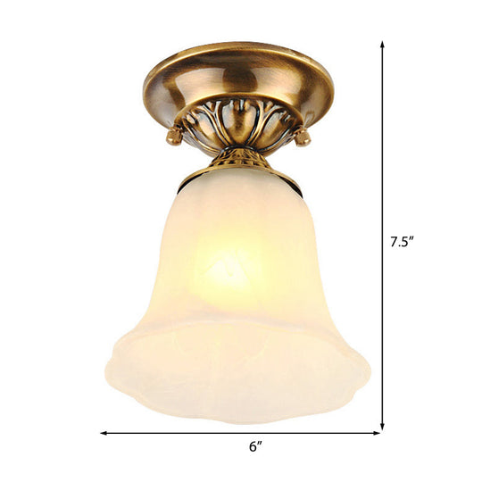 White Glass Ceiling Light Fixture with Classic Brass Bell - 1 Light Flush Mount for Living Room