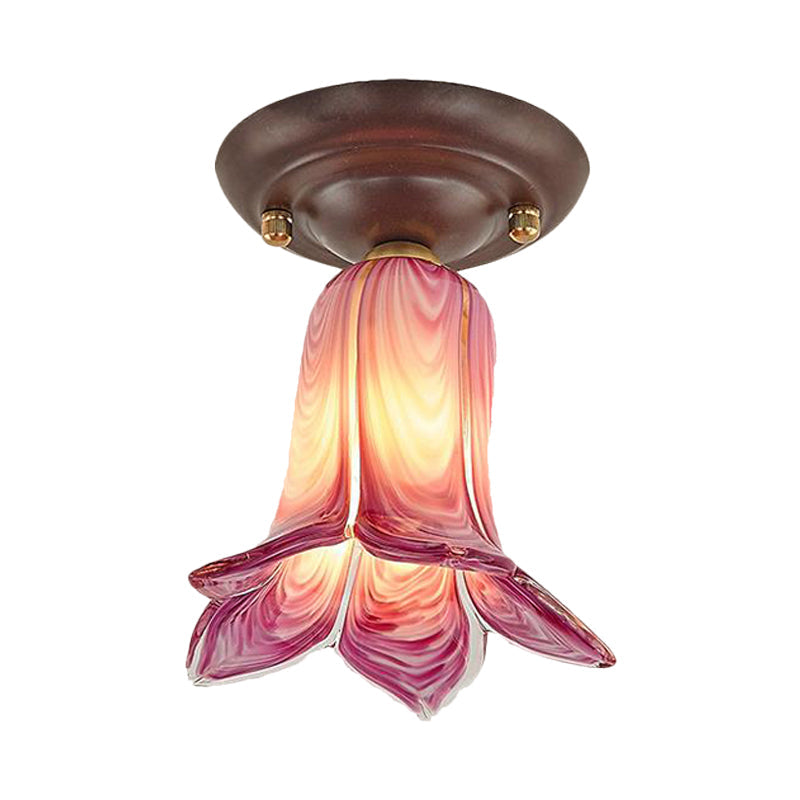 Traditional Glass Flush Ceiling Light Fixture - Flower Shaped, White/Yellow/Purple - 1 Light for Living Room