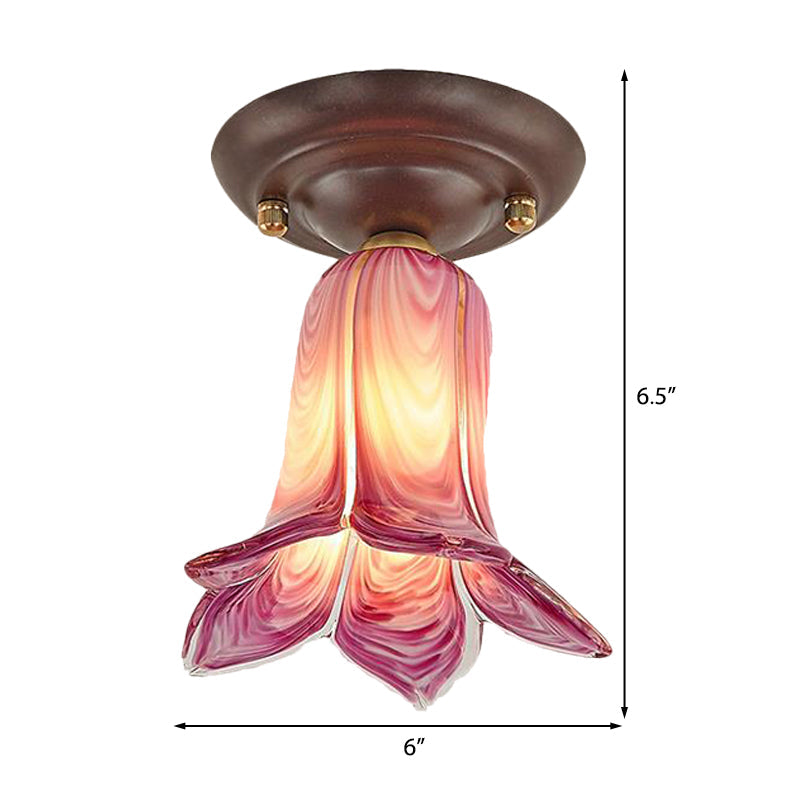 Traditional Glass Flush Ceiling Light Fixture - Flower Shaped, White/Yellow/Purple - 1 Light for Living Room