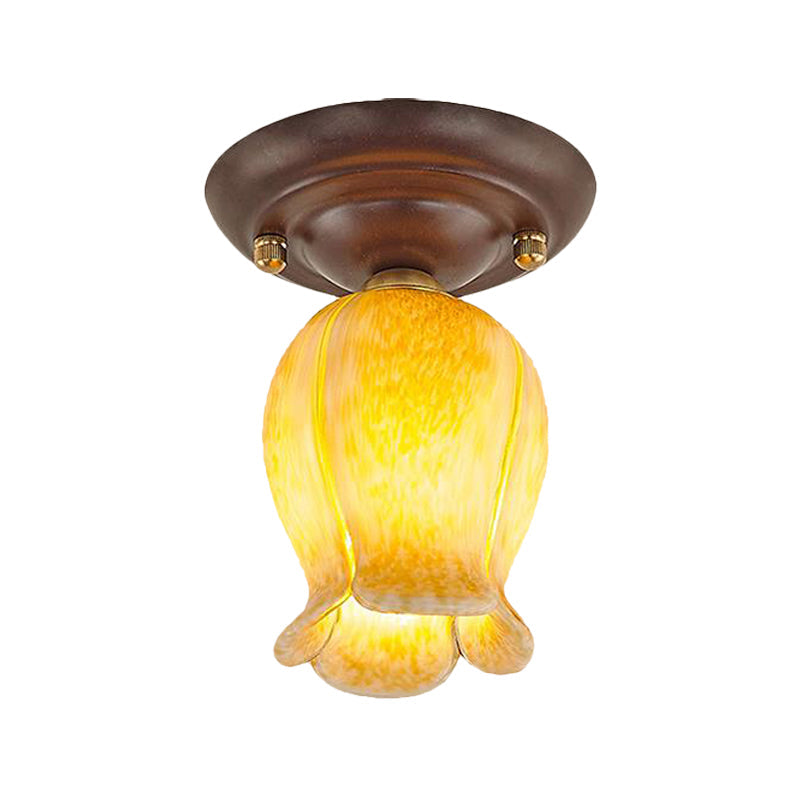 Traditional Glass Flush Ceiling Light Fixture - Flower Shaped, White/Yellow/Purple - 1 Light for Living Room
