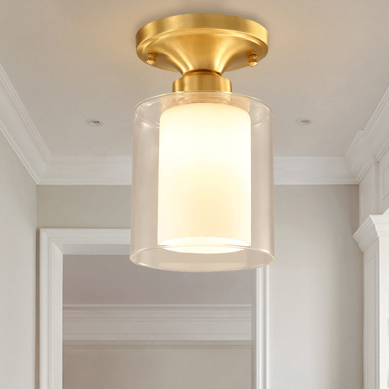 Classic Clear Glass Flush Mount Lamp - Gold Cylinder Ceiling Light Fixture For Living Room