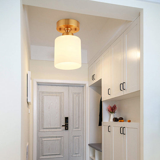 Traditional Gold Cylinder Glass Flush Fixture - 1 Light Living Room Ceiling Light