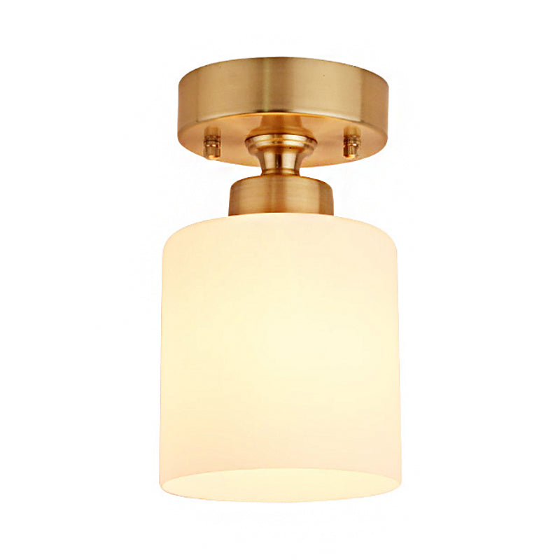 Traditional Gold Cylinder Glass Flush Fixture - 1 Light Living Room Ceiling Light
