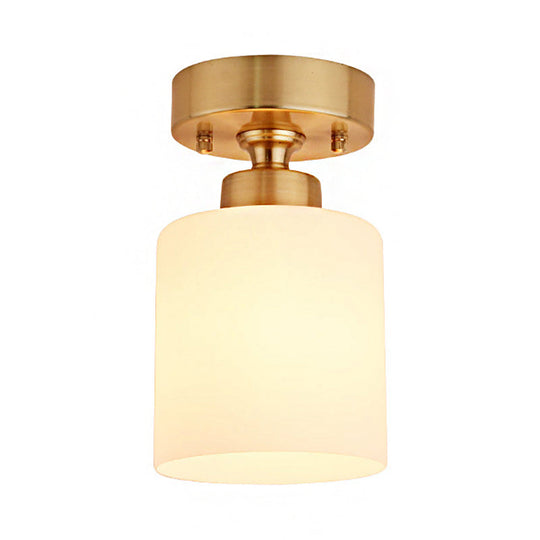 Traditional Gold Cylinder Glass Flush Fixture - 1 Light Living Room Ceiling Light