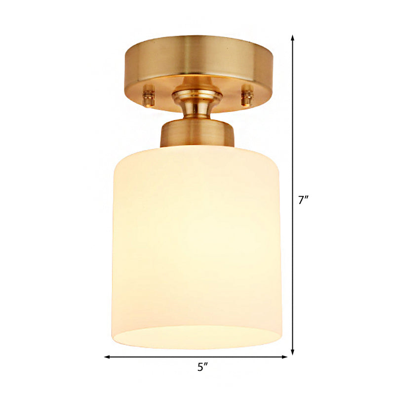Traditional Gold Cylinder Glass Flush Fixture - 1 Light Living Room Ceiling Light