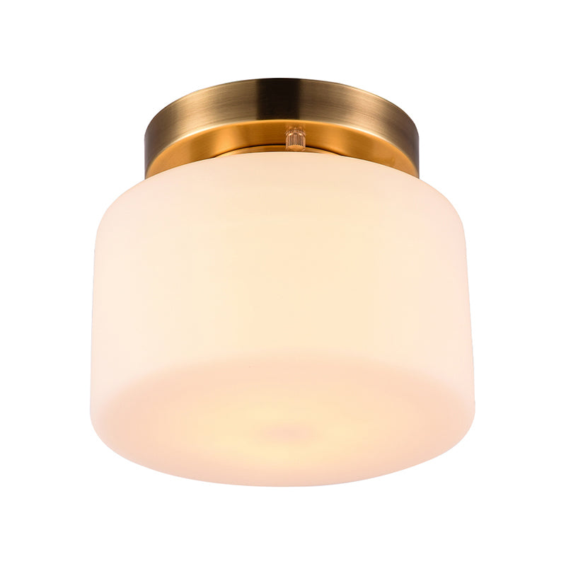 Traditional Brass Ceiling Light: White Glass Drum Flushmount for Living Room
