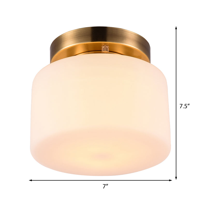Traditional Brass Ceiling Light: White Glass Drum Flushmount for Living Room