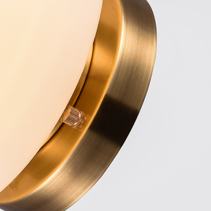 Traditional Brass Ceiling Light: White Glass Drum Flushmount for Living Room