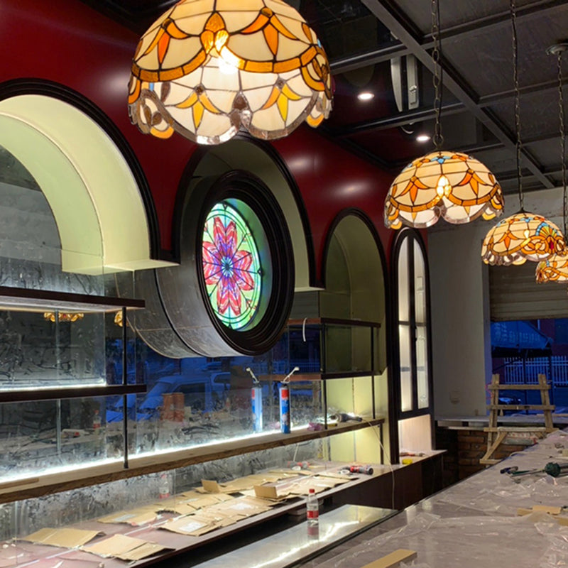 Antique Stained Glass Flower Pendant Light Fixture - Beige Suspension